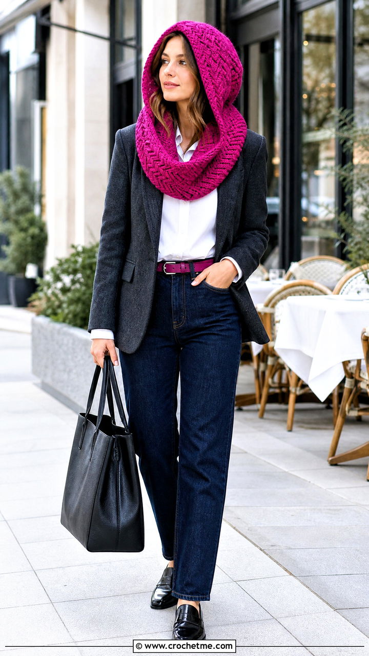 Herringbone Crochet Hooded Cowl With Wool Blazer - 35 crochet hooded cowl outfit ideas