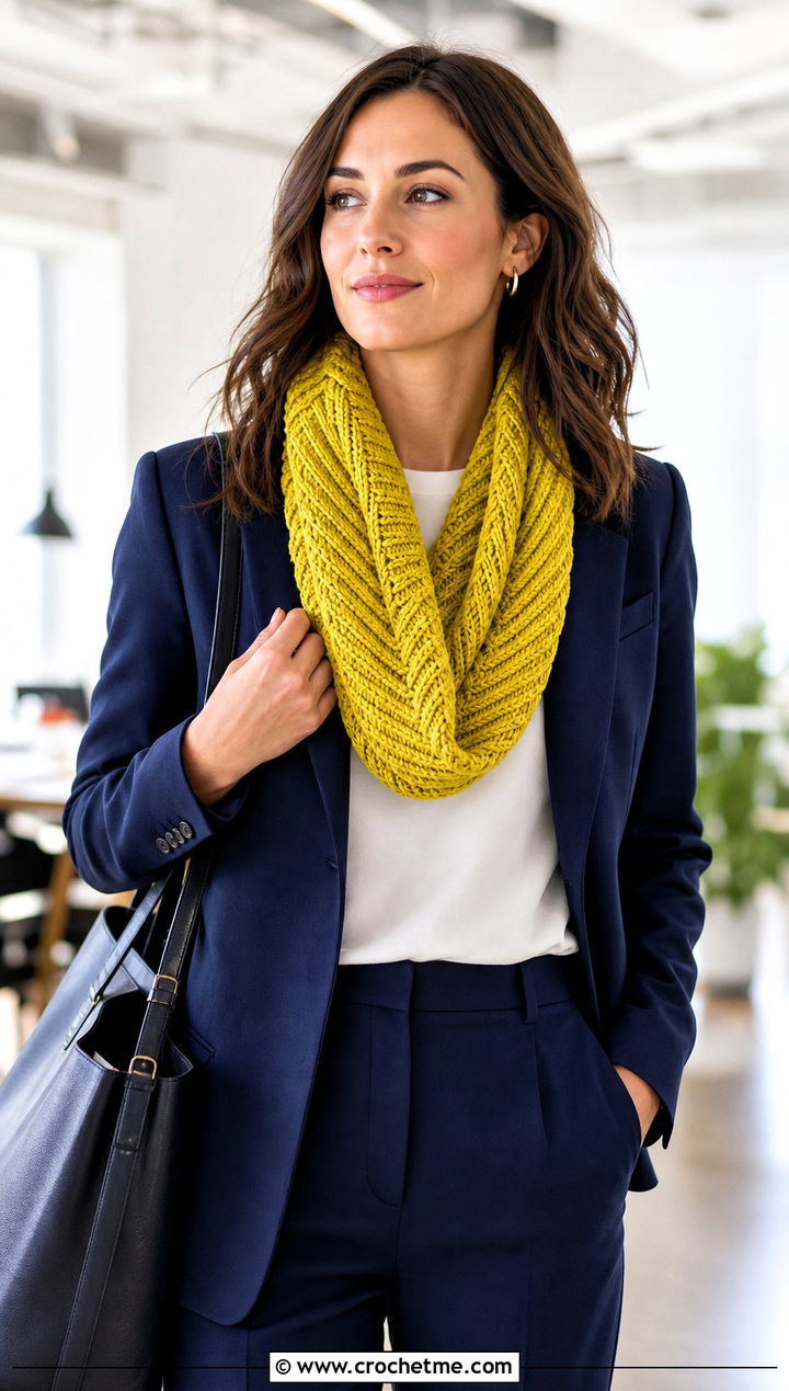Herringbone Crochet Infinity Scarf With Pantsuit - 25 infinite crochet scarf outfit ideas
