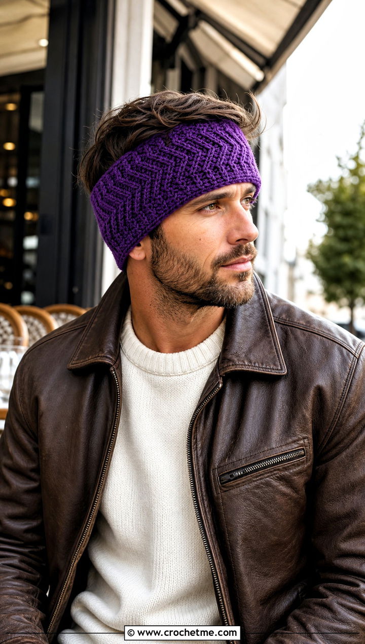 Herringbone Crochet Mens Ear Warmer With Leather Jacket - 25 Crochet Mens Ear Warmer outfit ideas