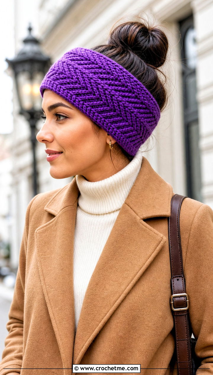 Herringbone Crochet Messy Bun Ear Warmer With Wool Coat - 20 Crochet Messy Bun Ear Warmer outfit ideas