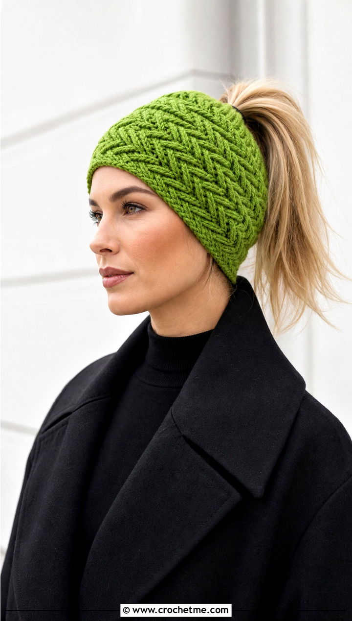 Herringbone Crochet Messy Bun Hat With Elastic And Monochrome Outfit - 25 Crochet Messy Bun Hat With Elastic outfit ideas