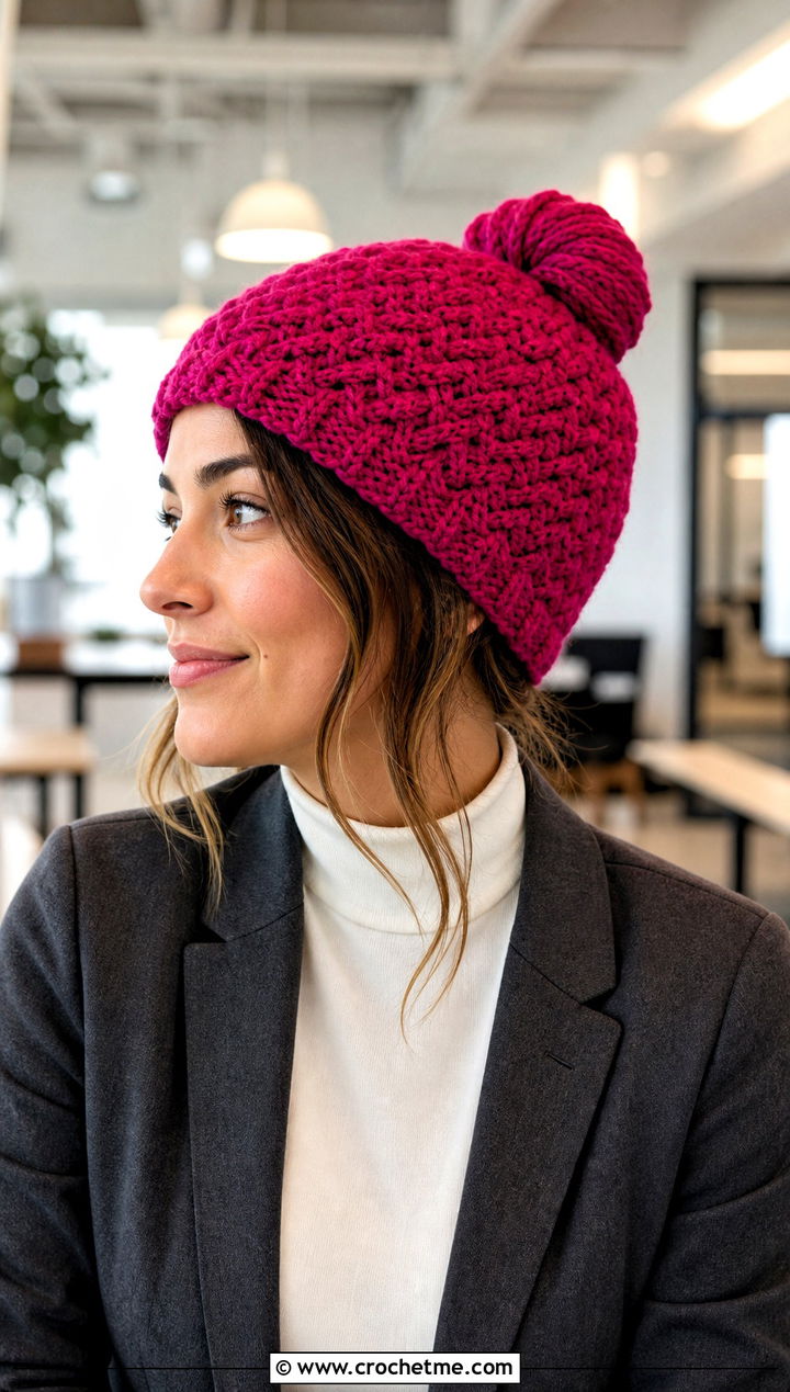 Herringbone Crochet Messy Bun Hat With Matching Suit - 15 Easy Crochet Messy Bun Hat outfit ideas