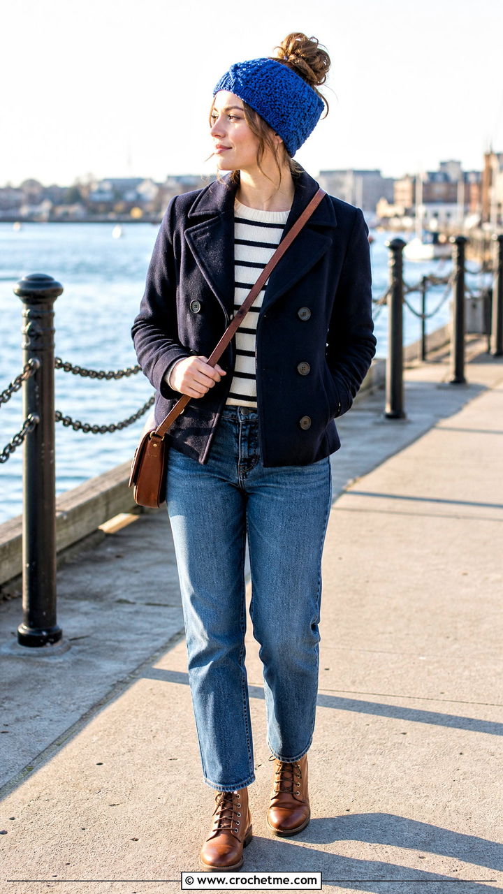Herringbone Crochet Messy Bun Hat With Peacoat - 35 crochet messy bun hat outfit ideas