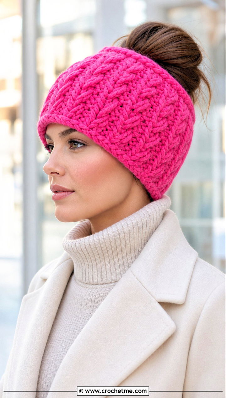 Herringbone Crochet Messy Bun Hat With Turtleneck - 20 Crochet Messy Bun Hat Bulky Yarn outfit ideas