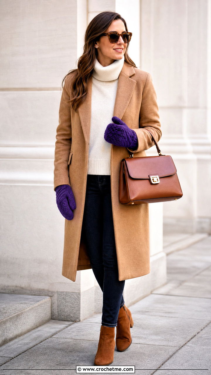 Herringbone Crochet Mittens With Camel Coat - 35 crochet mittens outfit ideas