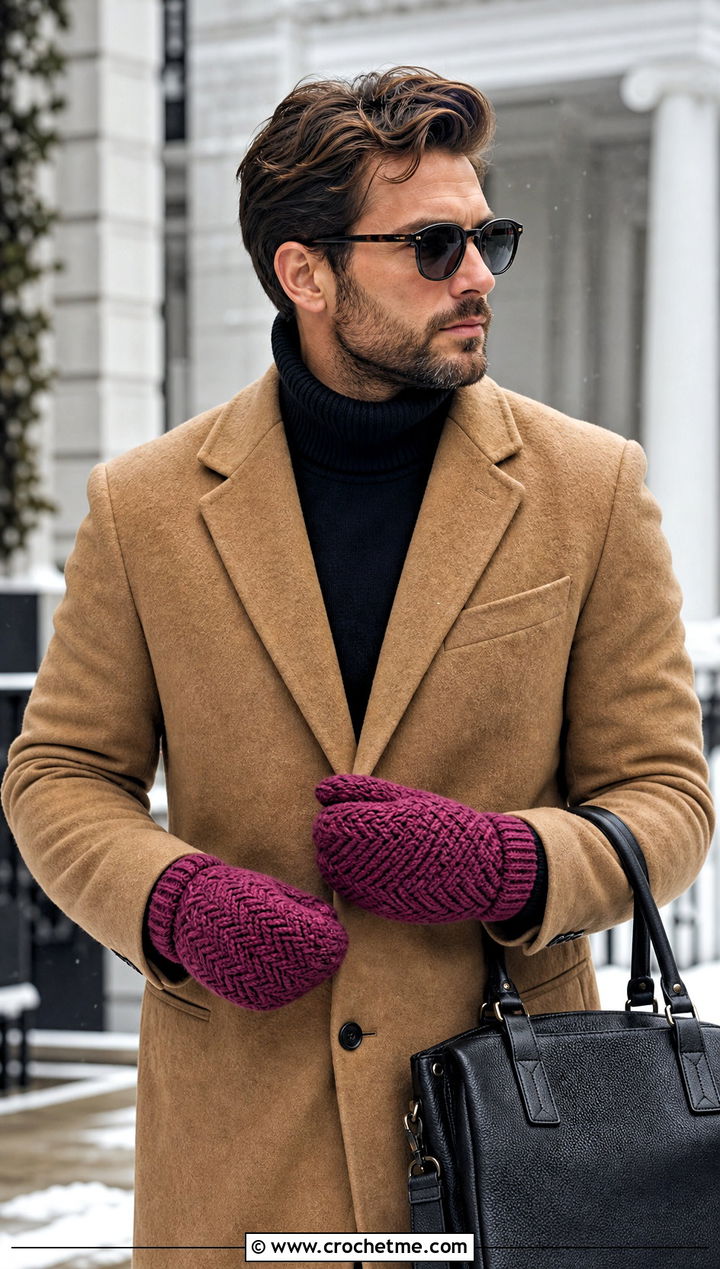 Herringbone Crochet Mittens With Camel Overcoat - 25 Mens Crochet Mittens outfit ideas