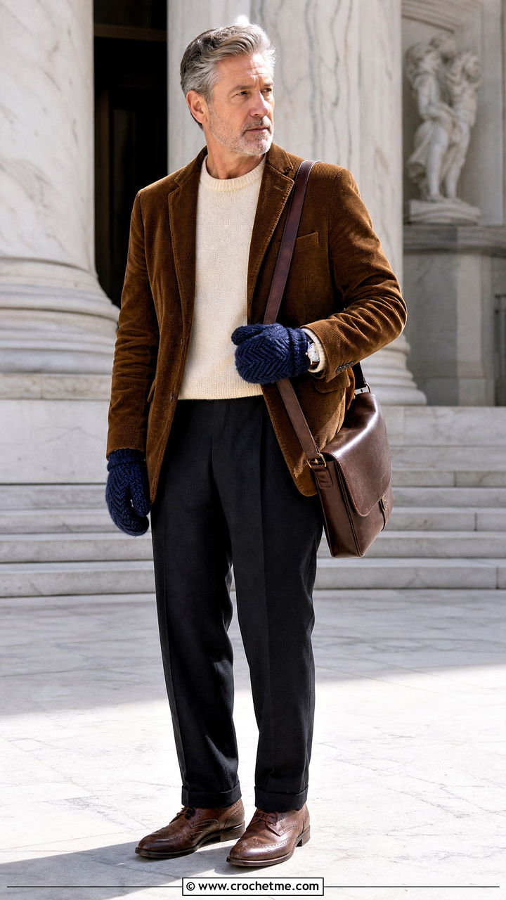Herringbone Crochet Mittens With Corduroy Blazer - 35 crochet gloves for men outfit ideas