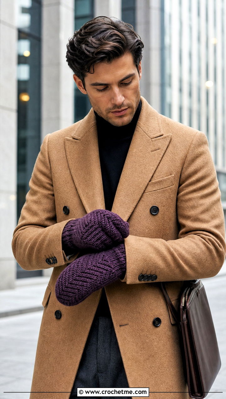 Herringbone Crochet Mittens With Double Breasted Coat - 25 Crochet Mens Mittens outfit ideas