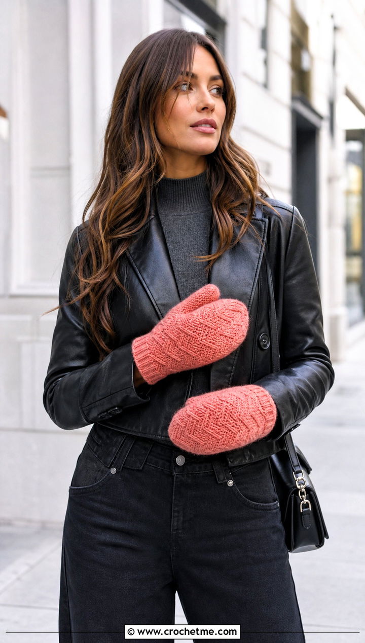 Herringbone Crochet Mittens With Leather Jacket And Black Jeans - 25 Easy Crocheted Mittens outfit ideas