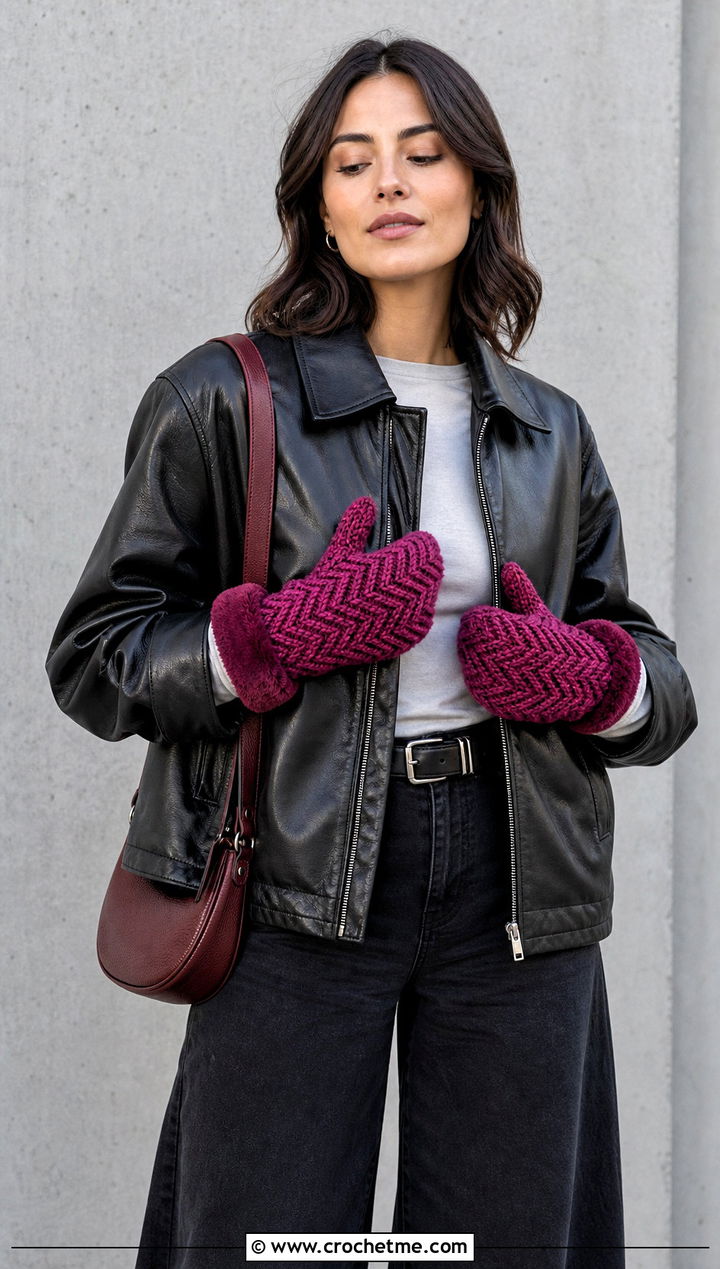 Herringbone Crochet Mittens With Leather Jacket - 15 Crochet Mittens With Fleece Lining outfit ideas