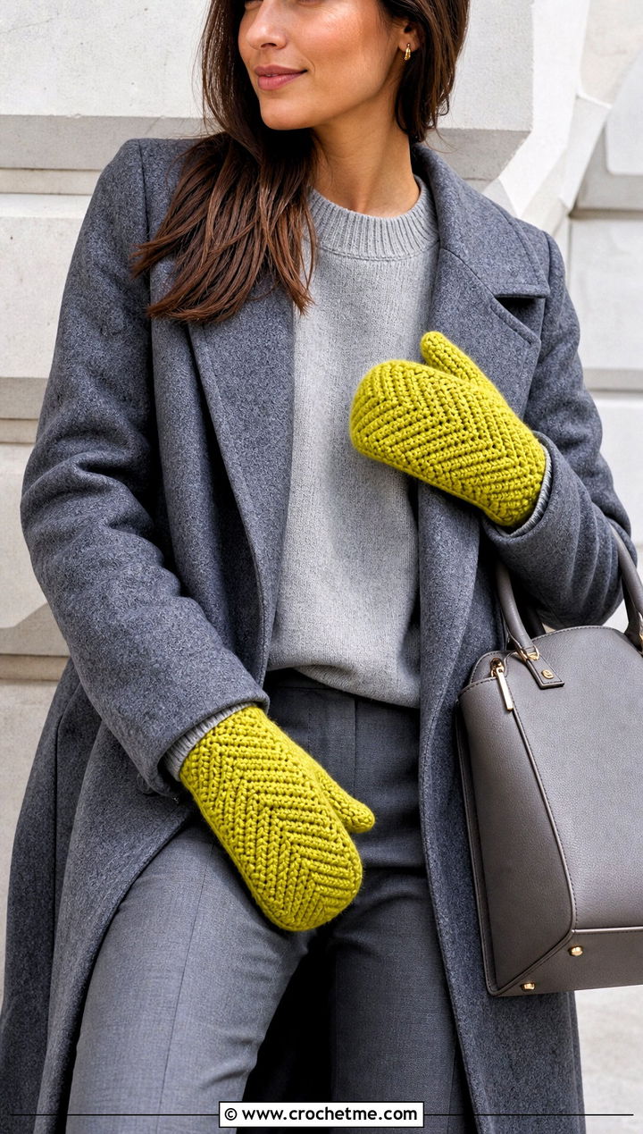 Herringbone Crochet Mittens With Monochrome Outfit - 30 crochet hand mittens outfit ideas