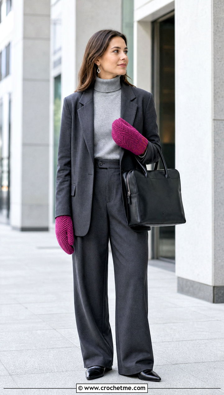 Herringbone Crochet Mittens With Monochrome Workwear - 35 easy crochet mittens for beginners outfit ideas
