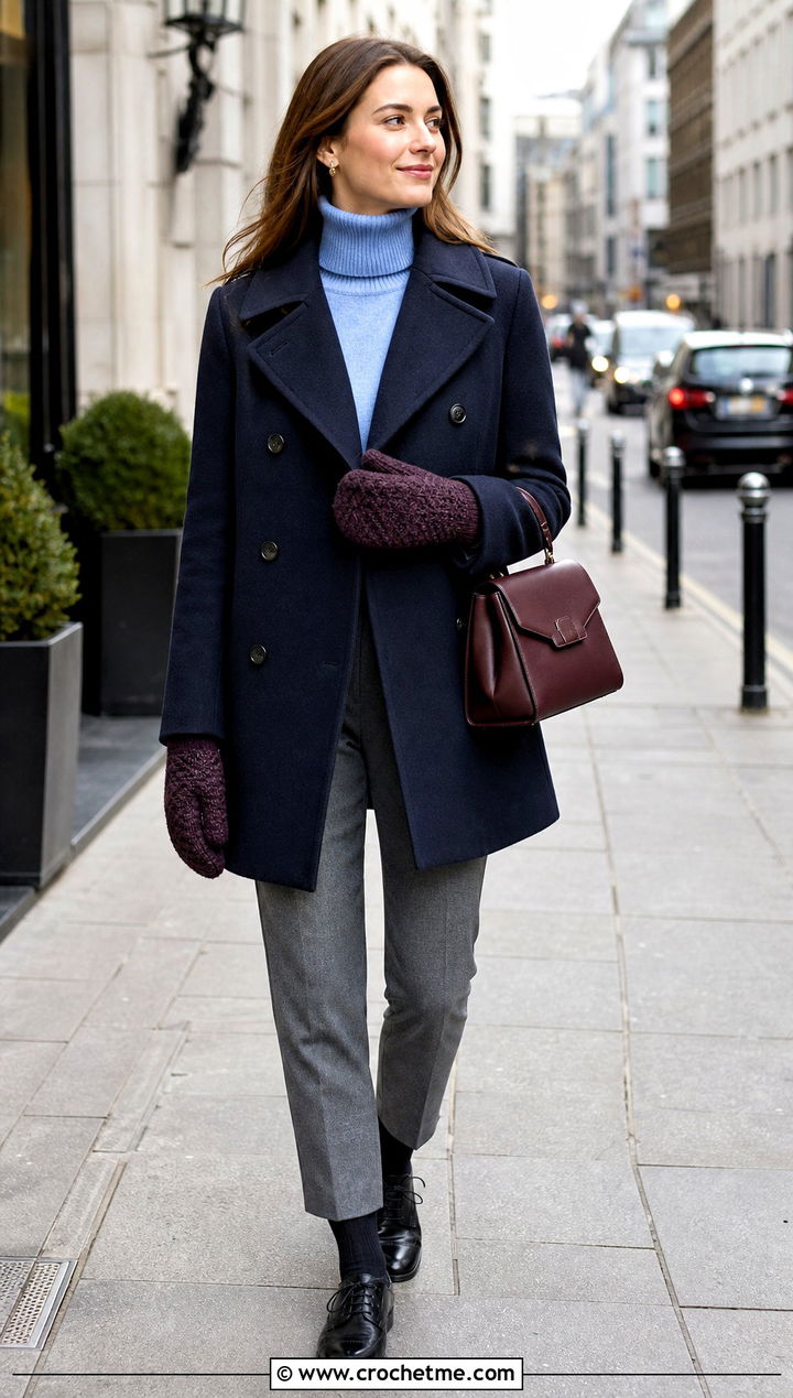 Herringbone Crochet Mittens With Peacoat - 35 easy crochet mittens outfit ideas