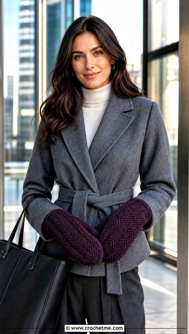 Herringbone Crochet Mittens With Tailored Trousers - 25 women crochet mittens outfit ideas
