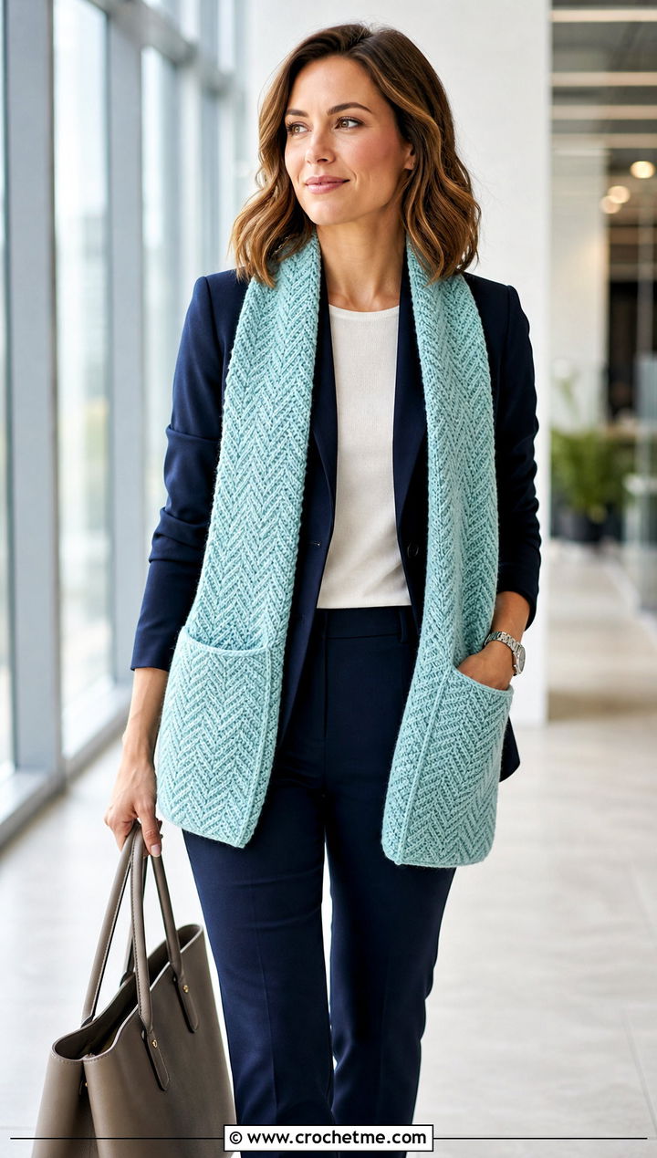 Herringbone Crochet Pocket Scarf With Blazer - 25 Crochet Pocket Scarf Shawl outfit ideas