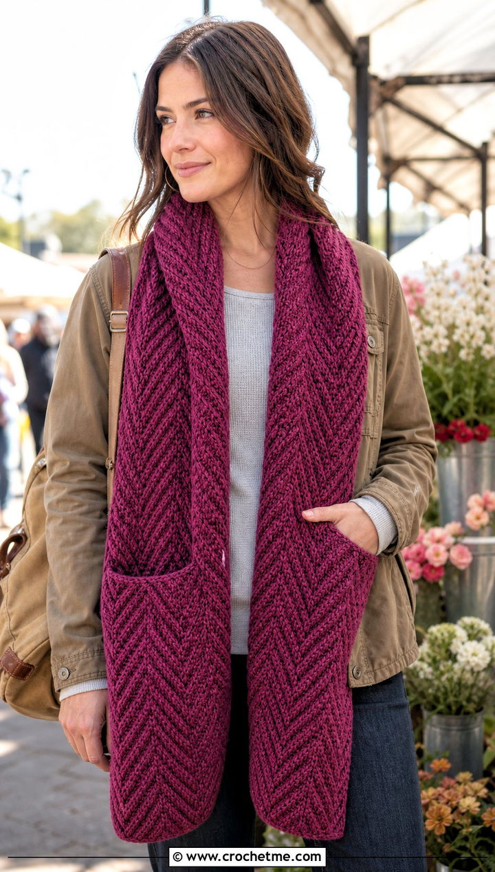 Herringbone Crochet Pocket Scarf With Utility Jacket - 15 Herringbone Crochet Scarf outfit ideas