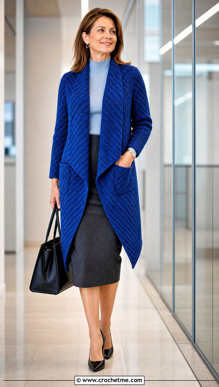 Herringbone Crochet Pocket Wrap With Pencil Skirt - 25 Crochet Pocket Wrap outfit ideas