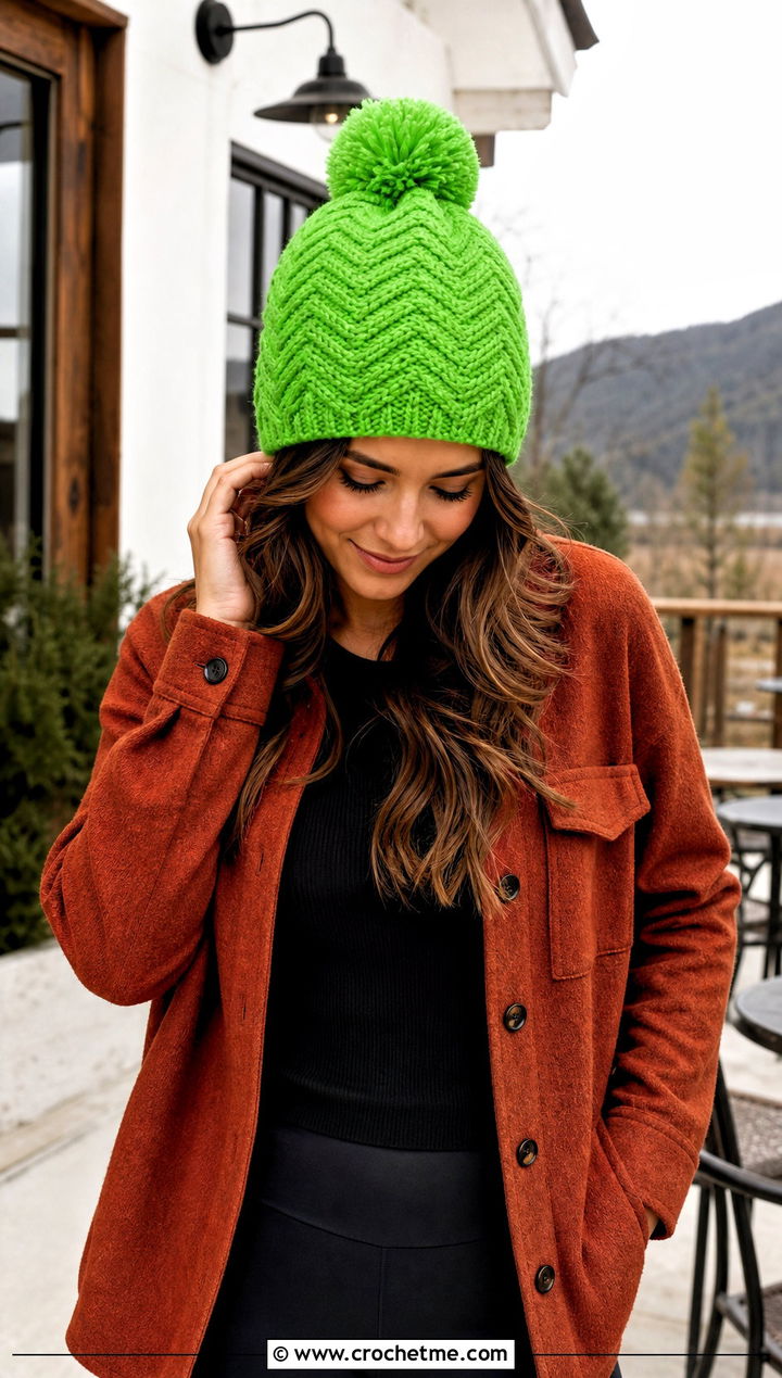 Herringbone Crochet Pom Pom Beanie With Shacket - 30 crochet beanie with pom pom outfit ideas