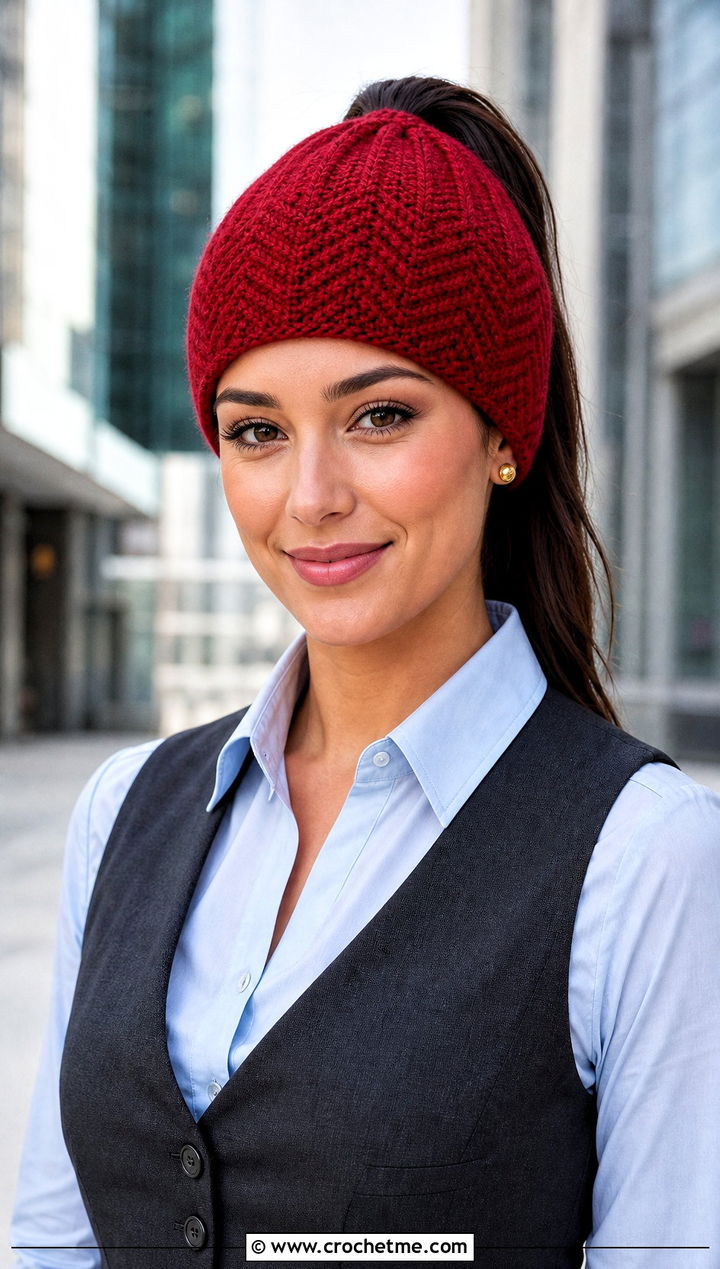 Herringbone Crochet Ponytail Beanie With Vest And Trousers - 30 crochet beanie with ponytail hole outfit ideas