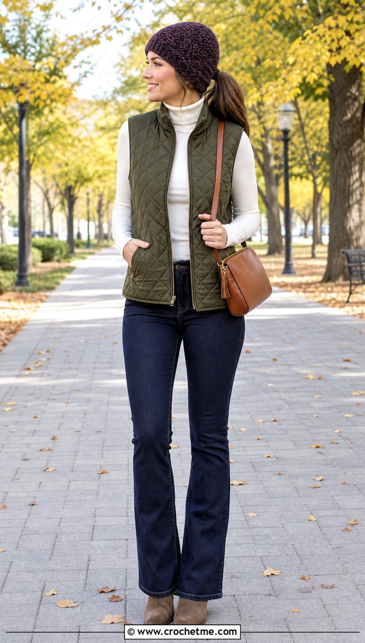 Herringbone Crochet Ponytail Hat With Quilted Vest - 35 crochet ponytail hat outfit ideas