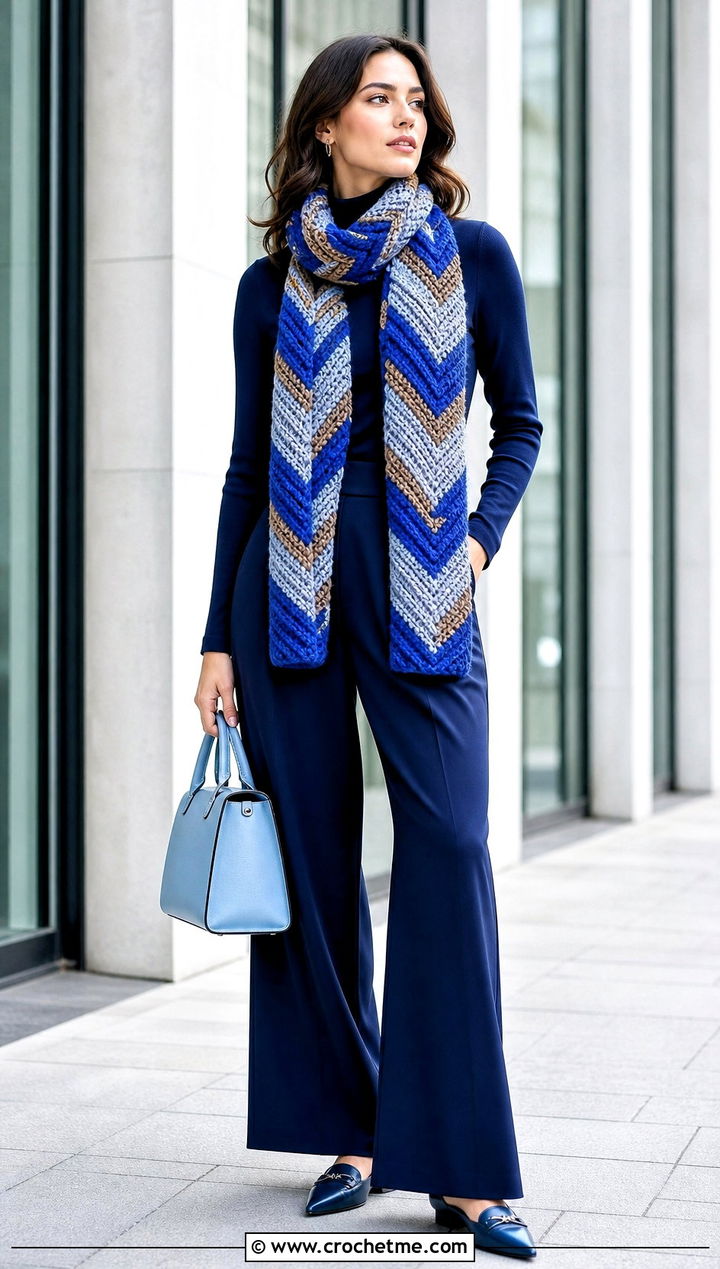 Herringbone Crochet Ravenclaw Scarf With Monochrome Navy Outfit - 35 crochet ravenclaw scarf outfit ideas