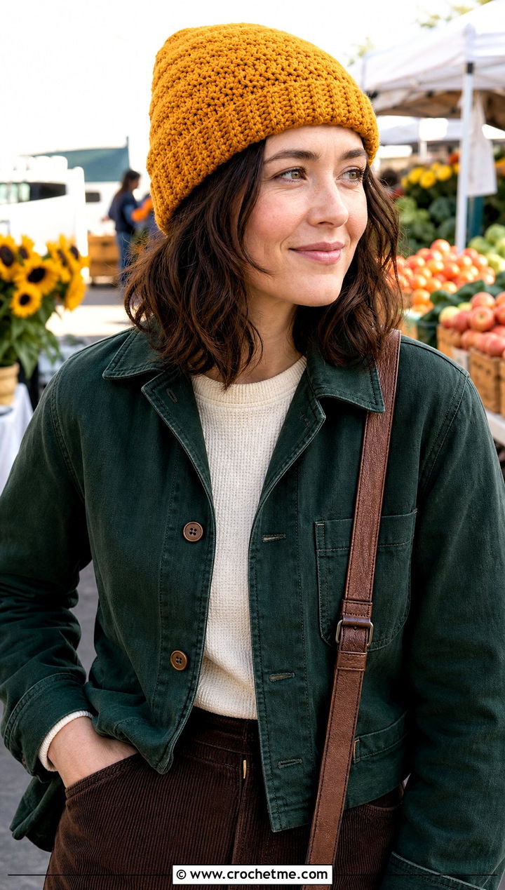 Herringbone Crochet Rectangle Beanie With Chore Jacket And Corduroy Pants - 25 Crochet Rectangle Beanie outfit ideas