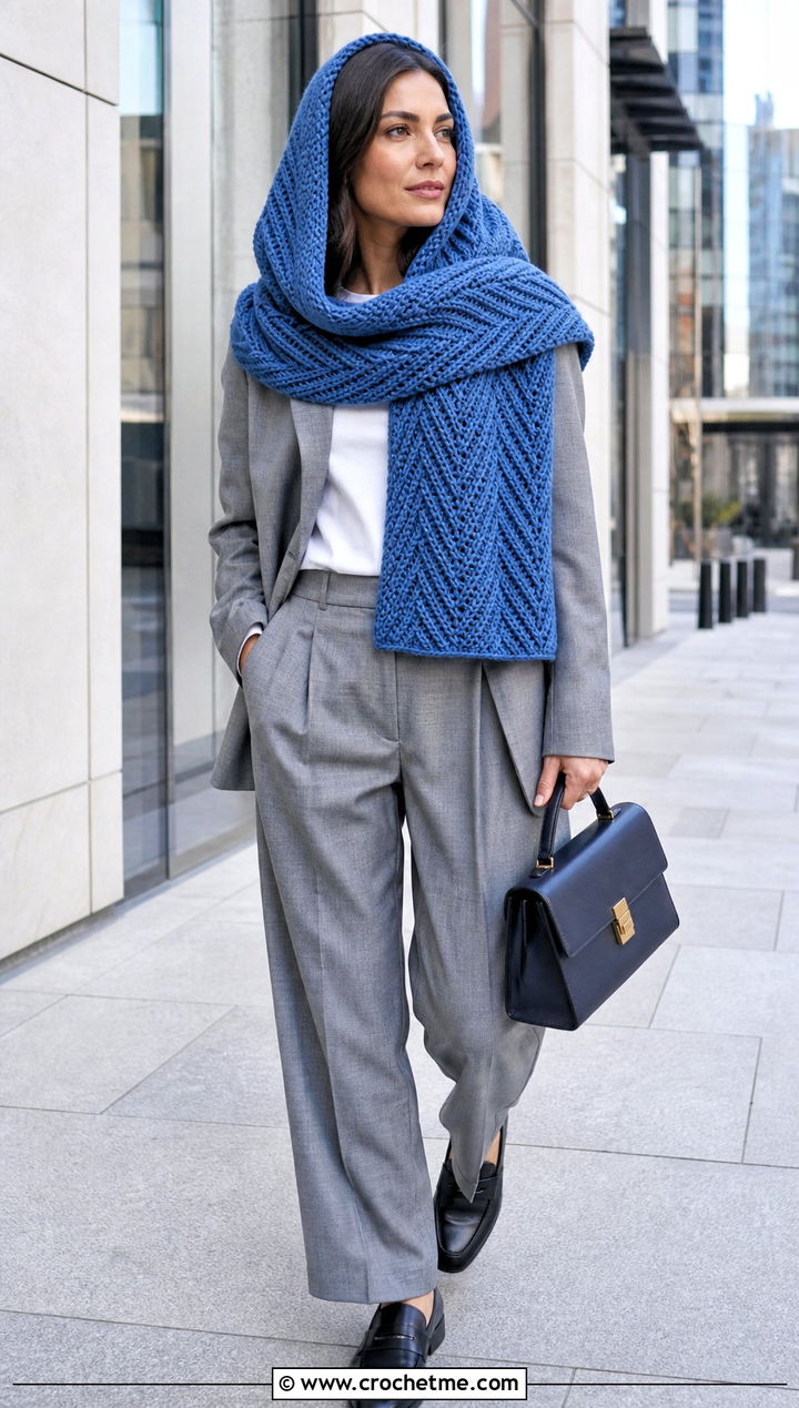 Herringbone Crochet Scarf Hood With Trouser Suit - 30 crochet scarf hood outfit ideas