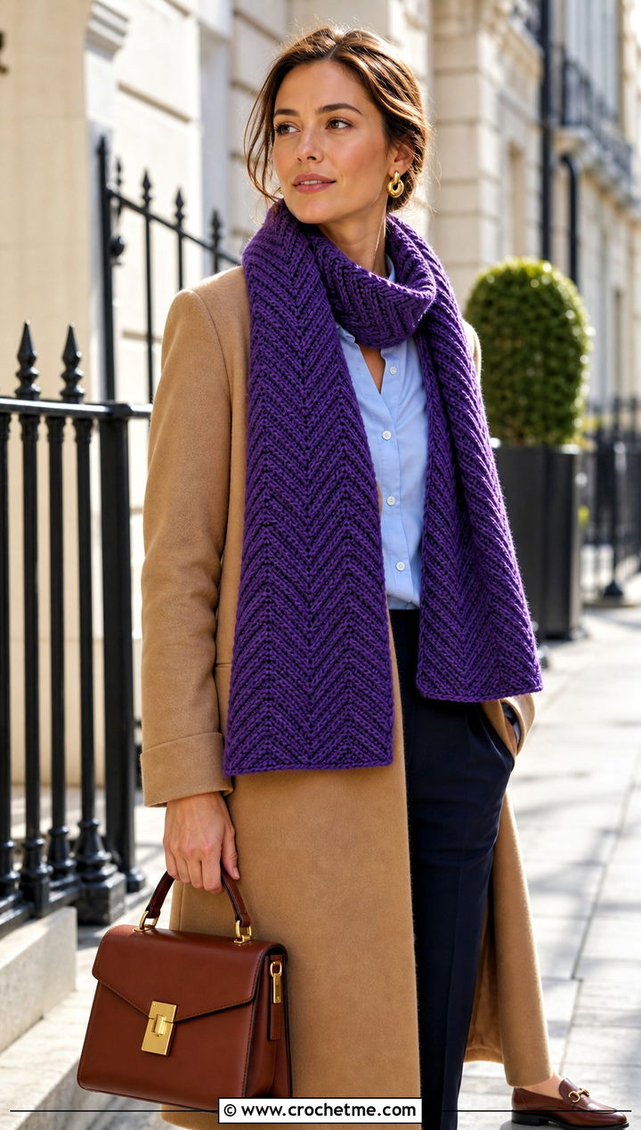 Herringbone Crochet Scarf With Camel Coat - 15 Crochet For Scarves Using Bulky Yarn outfit ideas