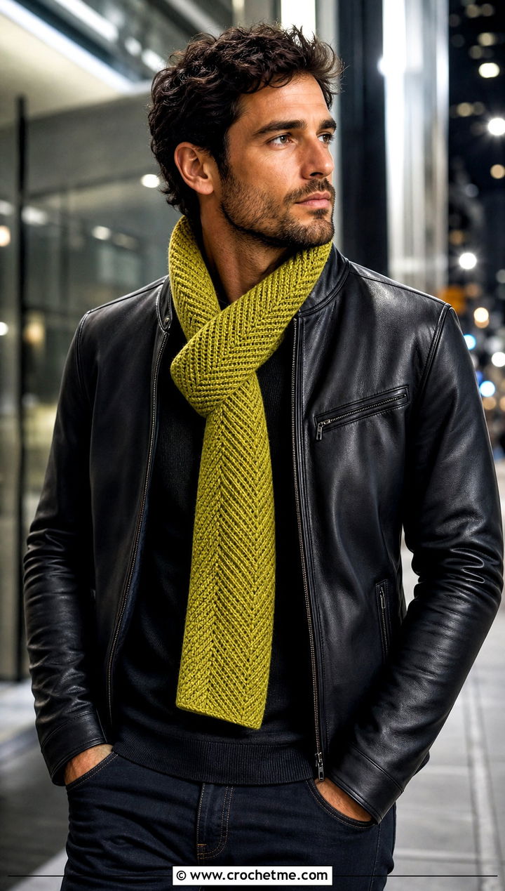 Herringbone Crochet Scarf With Leather Jacket - 30 Mens Crochet Scarf outfit ideas