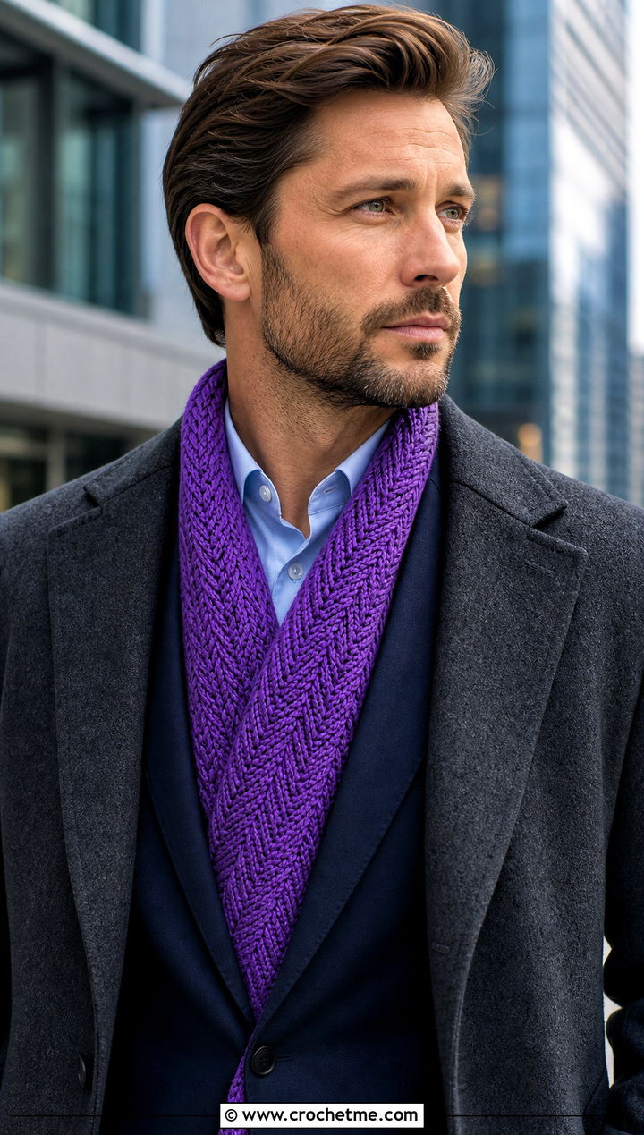 Herringbone Crochet Scarf With Navy Suit - 15 crochet stitch for mens scarf outfit ideas