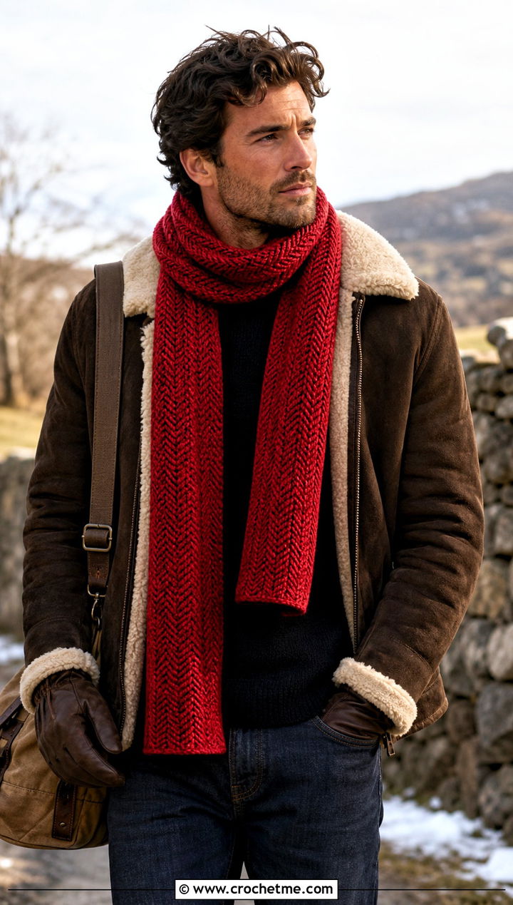 Herringbone Crochet Scarf With Shearling Jacket - 30 male crochet scarf outfit ideas