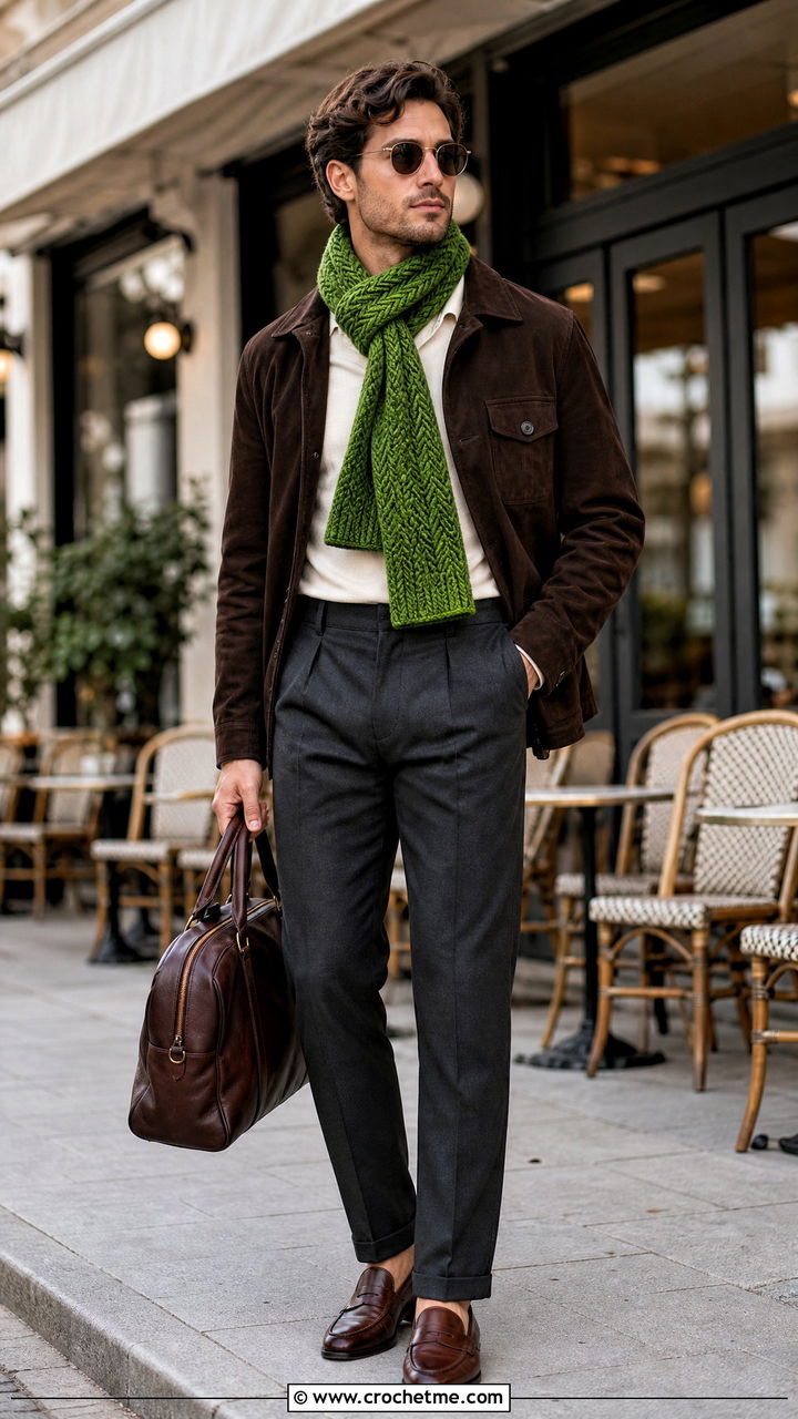 Herringbone Crochet Scarf With Smart Casual Outfit - 35 men's crochet scarf outfit ideas