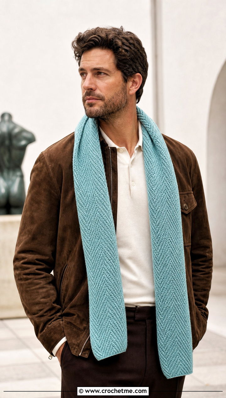 Herringbone Crochet Scarf With Suede Jacket - 30 crochet scarf ideas for men