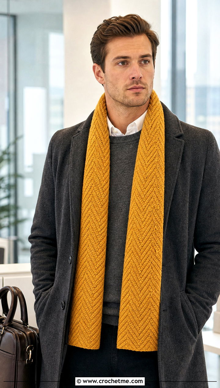 Herringbone Crochet Scarf With Topcoat - 20 Mens Winter Crochet Scarf outfit ideas