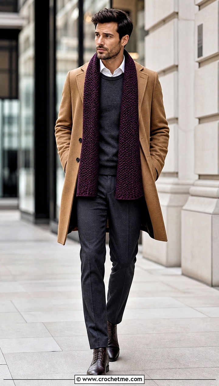 Herringbone Crochet Scarf With Topcoat - 35 men crochet scarf outfit ideas