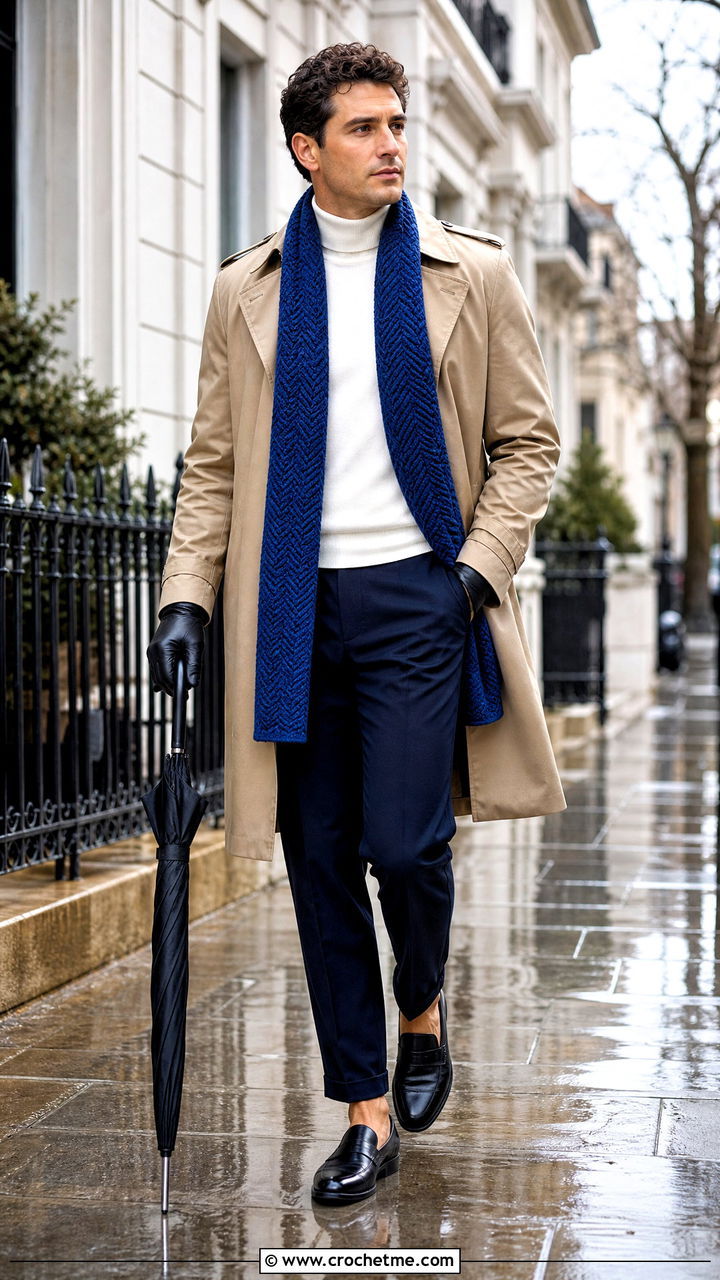 Herringbone Crochet Scarf With Trench Coat - 35 crochet scarf for men outfit ideas