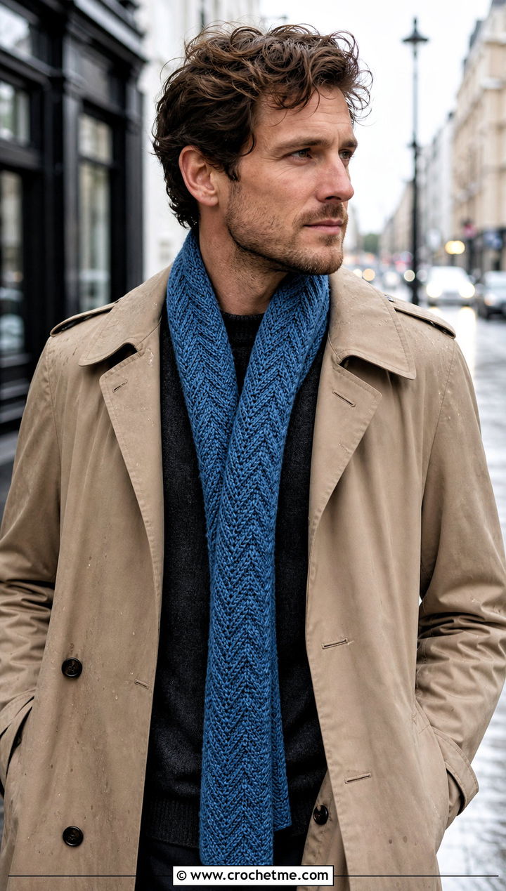 Herringbone Crochet Scarf With Trench Coat - 30 easy crochet scarf men outfit ideas