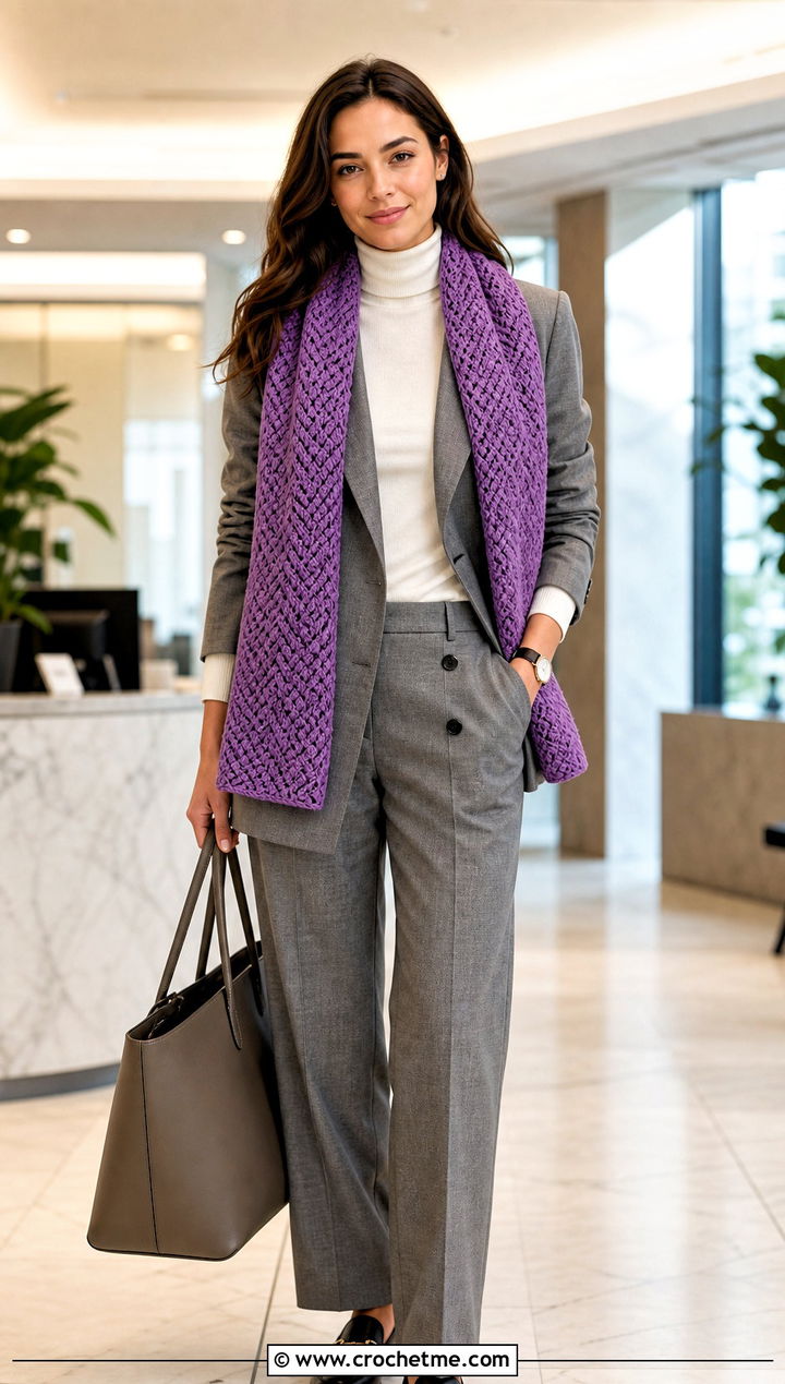 Herringbone Crochet Scarf With Trouser Suit - 30 bulky crochet scarf outfit ideas