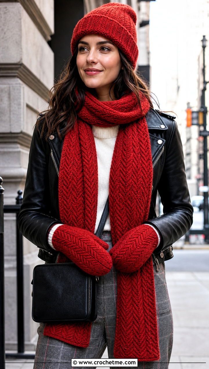 Herringbone Crochet Set With Leather Jacket - 20 Crochet Hat Mittens Scarf Set outfit ideas