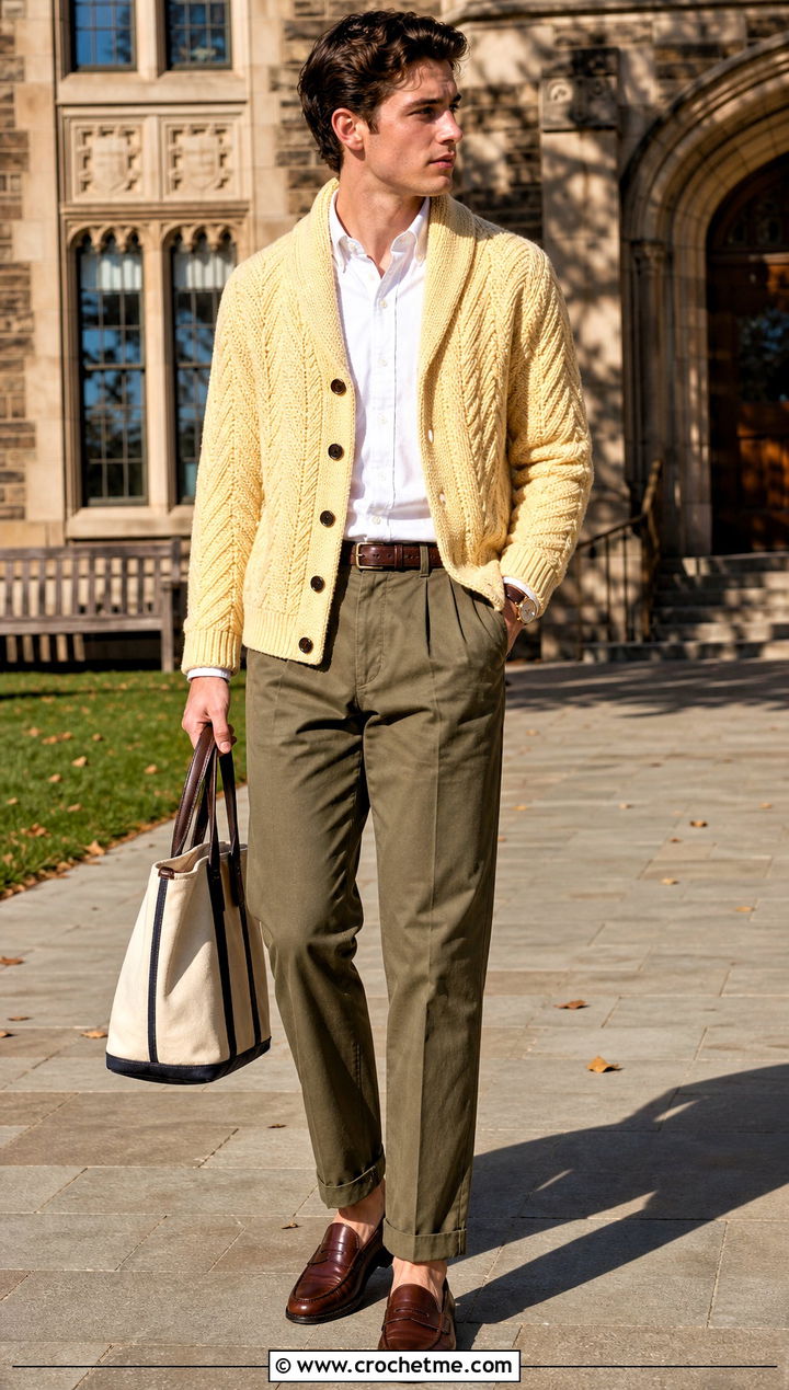 Herringbone Crochet Shawl Collar Cardigan With Oxford Shirt - 20 Mens Crochet Shawl Collar Cardigan outfit ideas