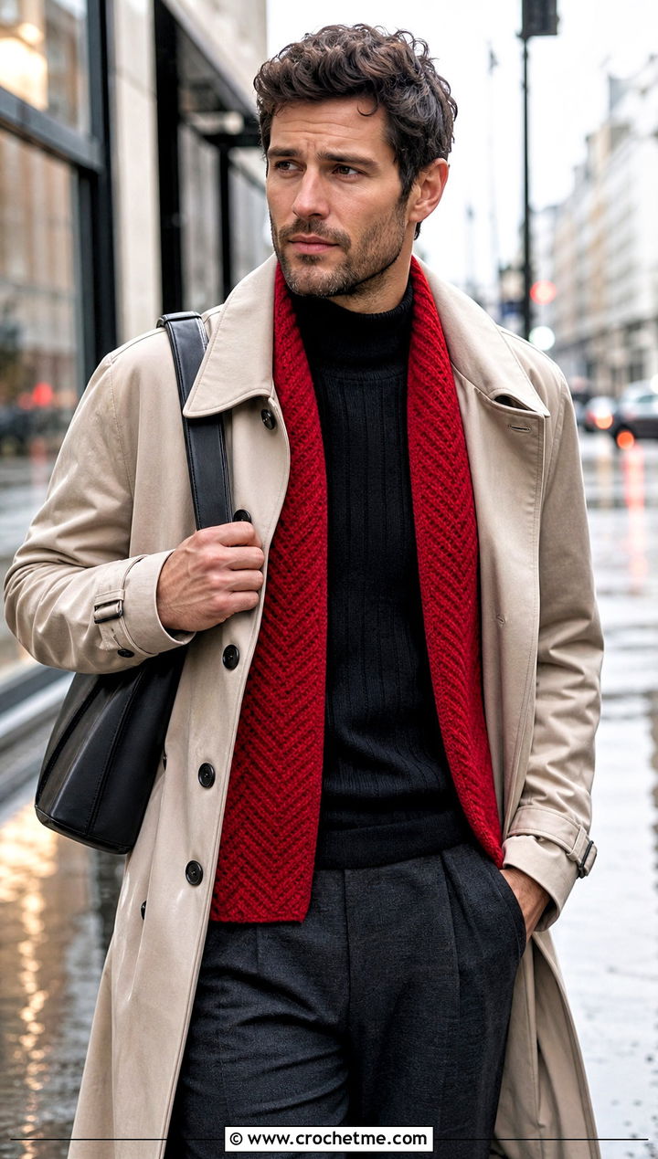Herringbone Crochet Shawl With Trench Coat - 30 crochet shawl for men outfit ideas