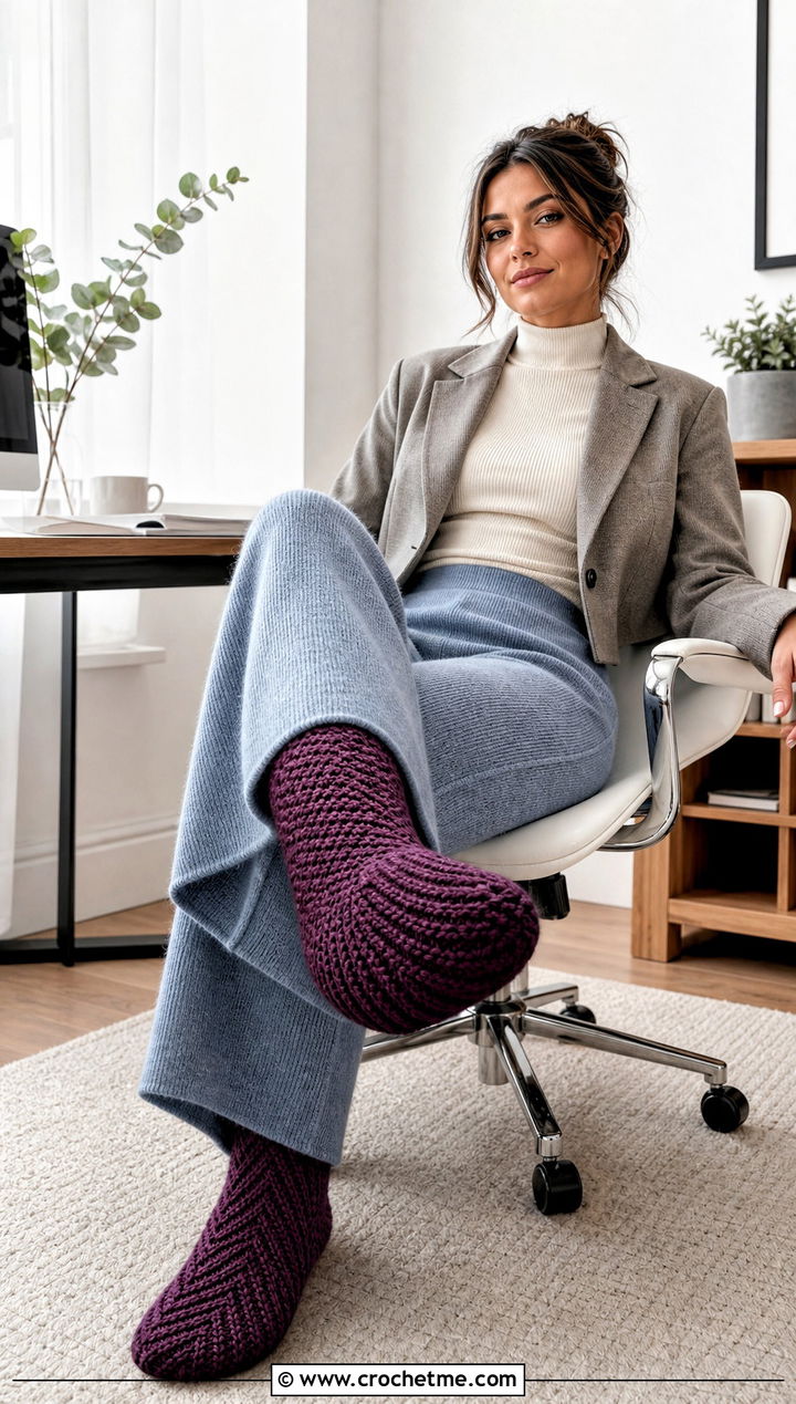Herringbone Crochet Slipper Socks With Wide Leg Pants - 25 crochet sock slippers outfit ideas
