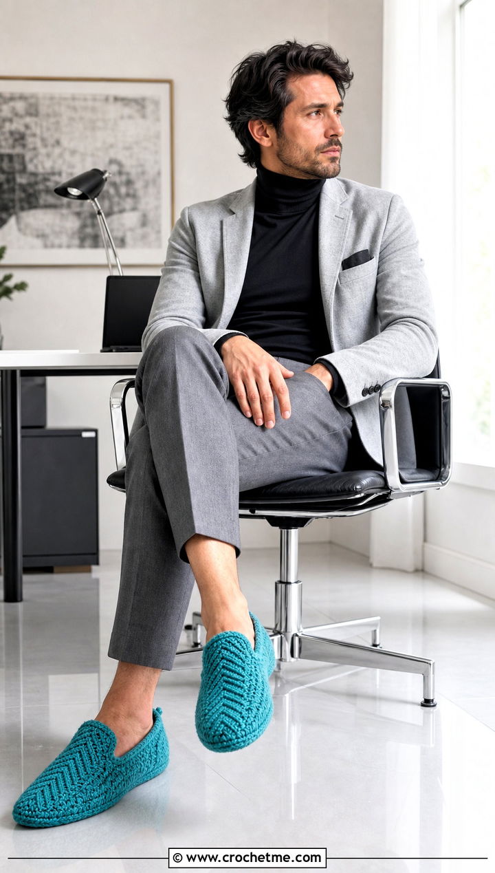Herringbone Crochet Slippers With Turtleneck And Trousers - 30 easy mens crochet slippers outfit ideas