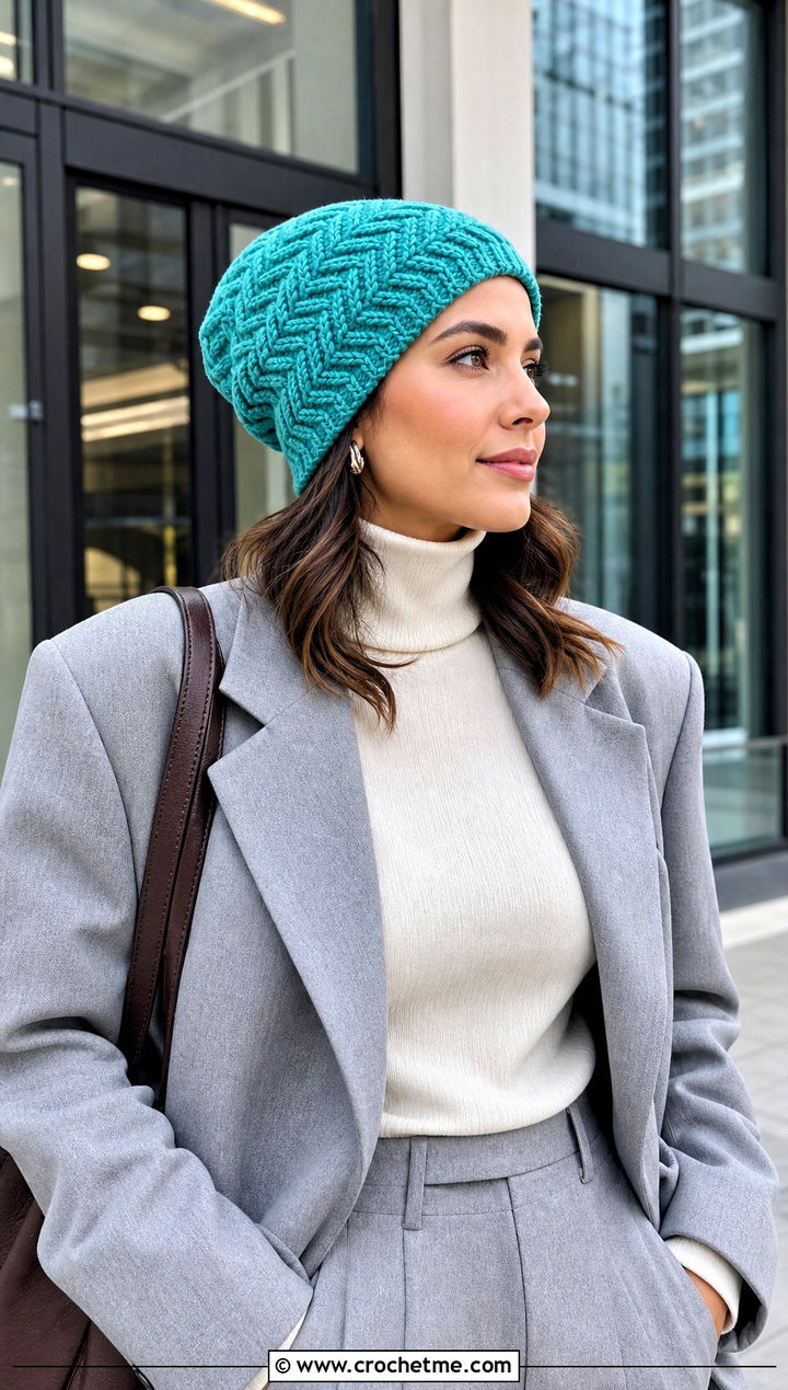Herringbone Crochet Slouch Beanie With Blazer And Trousers - 35 crochet slouch beanie outfit ideas