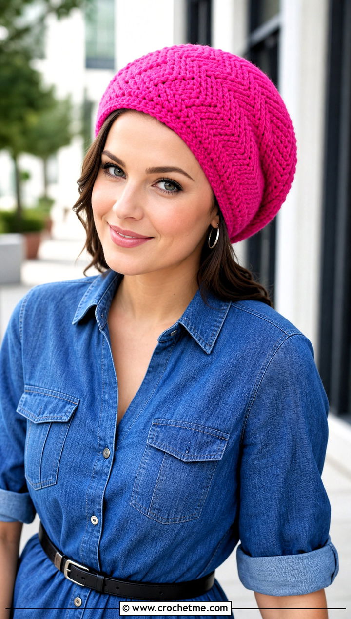 Herringbone Crochet Slouch Hat With Denim Dress And Ankle Boots - 25 easy crochet slouch hat outfit ideas