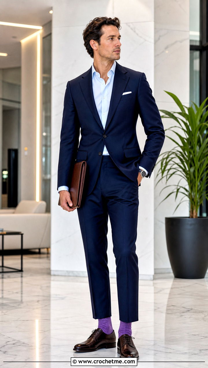 Herringbone Crochet Socks With Navy Suit - 35 crochet socks for men outfit ideas