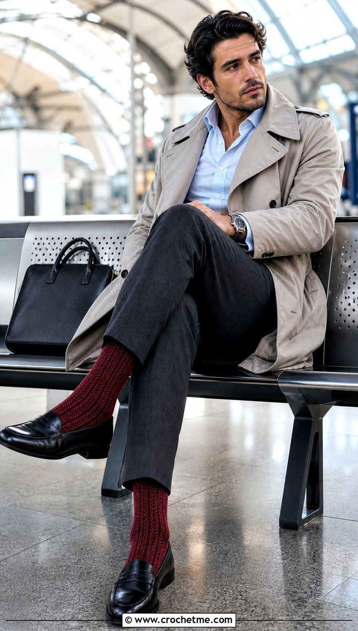 Herringbone Crochet Socks With Trench Coat And Trousers - 25 men's crochet socks outfit ideas