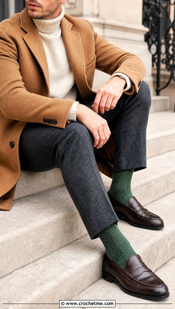 Herringbone Crochet Socks With Wool Trousers - 25 Mens Crochet Socks outfit ideas