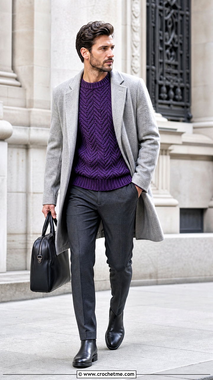 Herringbone Crochet Sweater With Overcoat - 35 men crochet sweater outfit ideas