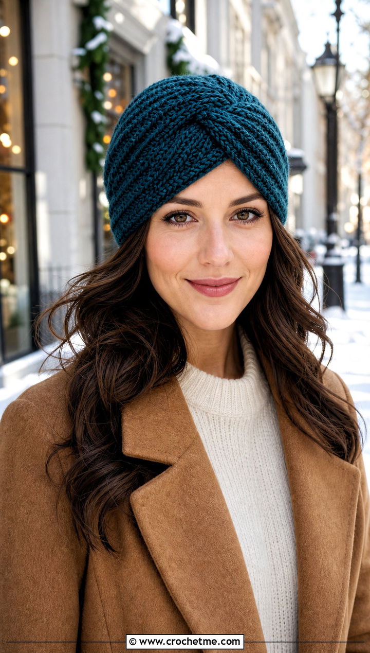 Herringbone Crochet Turban Hat With Camel Coat And Trousers - 35 crochet turban hat outfit ideas